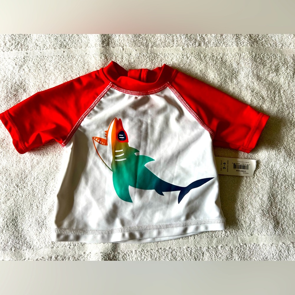 NWT Joe Fresh Kids Swim Rash Guard with Shark Print - Red and White size 3-6mths